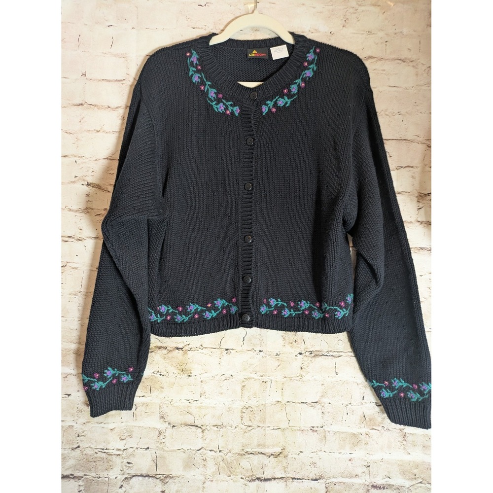 Vintage Liz Sport Cardigan Medium Navy Blue Hand Embroidered Country Cottage